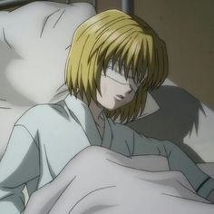 an anime character laying in bed with his head on the pillow