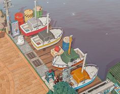 two boats are docked at the pier next to each other in an animated version of life simulation