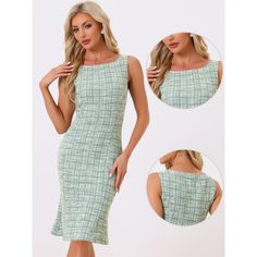 The tweed midi dress is the epitome of elegance and sophistication. With its timeless plaid pattern and bodycon fishtail silhouette, it's the perfect choice for those who want to make a stylish statement. Dress it up with heels and statement accessories for a formal event or pair it with sandals for a more casual look. Fitted Houndstooth Tweed Dress, Sleeveless Fitted Tweed Dress, Fitted Plaid Tweed Dress For Summer, Elegant Fitted Green Tweed Dress, Chic Green Fitted Tweed Dress, Plaid Fitted Tweed Dress, Fitted Plaid Tweed Dress, Tweed Midi Dress, Plaid Bodycon Dress