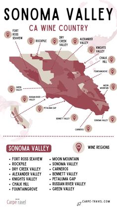 the sonoma valley wine country map is shown in red, white and grey colors