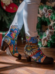 Blue Multicolor Round Toe Heeled Boots For Winter, Multicolor Heeled Boots With Round Toe For Winter, Blue Leather Heeled Boots For Winter, Blue Leather High Ankle Heeled Boots, Multicolor High Heel Leather Boots, Multicolor Leather High Heel Boots, Mandala Blue, Blue Fireworks, Mid Heel Boots