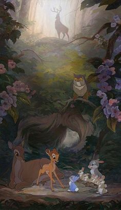 an animated scene with many animals in the woods