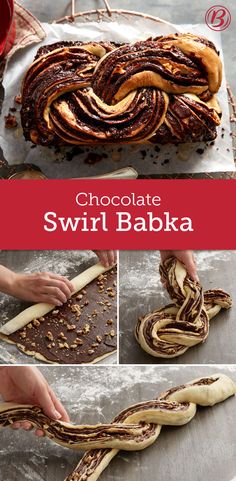 chocolate swirl babka is being made in the shape of an animal's tail