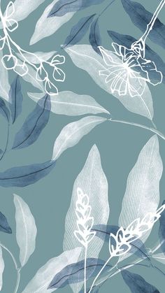 a blue and white wallpaper with leaves and flowers on the back ground, all in shades of gray