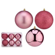 pink christmas ornaments are displayed on a white background