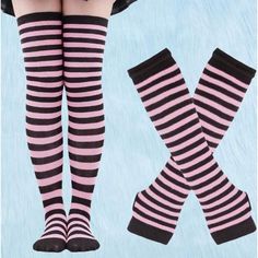 Nwt 1-Pair Striped Pattern Over The Knee Socks And 1-Pair Gloves Striped Socks For Winter Stocking Stuffer, Striped Socks For Stocking Stuffers In Winter, Cute Pink Hosiery For Spring, Pink Knee-high Socks As Stocking Stuffer For Winter, Striped Stretch Socks For Winter, Stretch Striped Socks For Winter, Trendy Pink Footless Leg Warmers, Winter Striped Stretch Socks, Pink Winter Socks