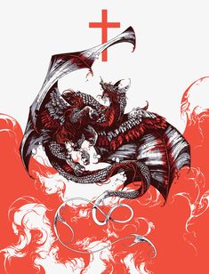 a red and white drawing of a dragon with a cross on it's back