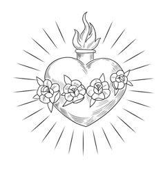 a heart with flowers in the middle and a burning candle on top, surrounded by rays