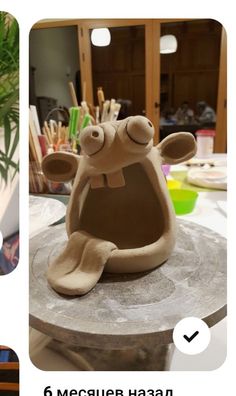 two pictures one with a clay animal and the other has a plant in it