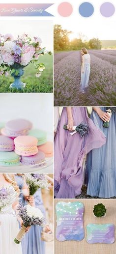 a collage of photos with pastel colors and lavender hues, including flowers