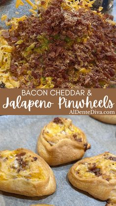 bacon, cheddar and jalapeno pinwheels are on the baking sheet