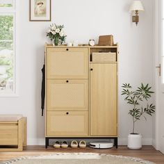 a wooden cabinet with shoes on it next to a potted plant in a living room