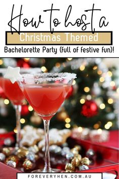 Image of a red cocktail on a table. The cocktail is surrounded by baubles, and in the background is a Christmas tree. Text overlay: How to host a Christmas themed bachelorette party (full of festive fun!) Christmas Themed Bachelorette Party, Bachelorette Food, Christmas Bachelorette Party, Hawiian Party, Christmas Bachelorette, Christmas Bride, Themed Bachelorette Party, Specialty Drinks, Themed Bachelorette