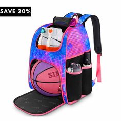 Basketball Backpack for Girls Description Basketball backpack Dimensions: 12 x 9.5 x 18.5 inches; Basketball backpack Weight: ‎1.46 pounds; Material: made of high-density polyester material; Ball compartment can hold any ball inside such as basketball up to size 7, full-size soccer, volleyball, football and more; Feature: Durable & Lightweight: The kids basketball backpack is lightweight yet rugged enough due to the made of high-density polyester material. It's water resistant, dirt and dust. Th Sporty Large Capacity Backpack For Back To School, Multicolor Sports Backpack For Back To School, Large Capacity Sports Bag For Back To School, Sporty Backpack For Sports And End Of School Year, Back To School Sports Bag With Large Capacity, Pink Large Capacity Sporty Backpack, Sporty Breathable Backpack For School, Multicolor Sports Backpack, Sporty Multicolor Student Backpack