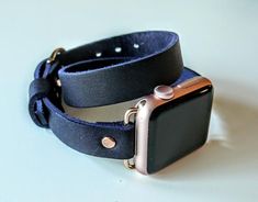 Double Wrap Navy Blue Leather Apple Watch band 38mm leather watch band, Apple watch strap, iwatch ba Adjustable Blue Leather Apple Watch Band, Handmade Adjustable Leather Watch Band, Handmade Blue Watch Bands For Everyday Use, Adjustable Apple Watch Band With Waxed Finish For Everyday, Adjustable Waxed Finish Apple Watch Band For Everyday Use, Apple Watch Blue Band, Apple Watch Blue, Apple Watch Leather, Tech Jewelry