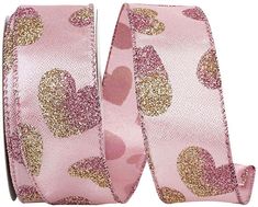 a pink and gold heart patterned ribbon with hearts on the front, two sides are shown