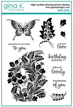 the stamp set is designed to look like flowers and butterflies, with words that say congratulations