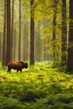 a brown cow standing in the middle of a forest filled with green grass and tall trees