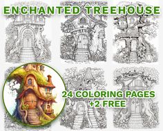 four coloring pages with the words, enchanted treehouse and an image of a house