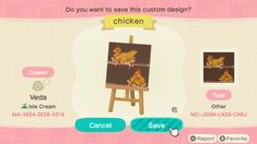 an animal crossing game screen with chickens on the easel