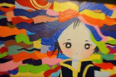 an abstract painting of a girl with blue hair and multicolored waves in the background