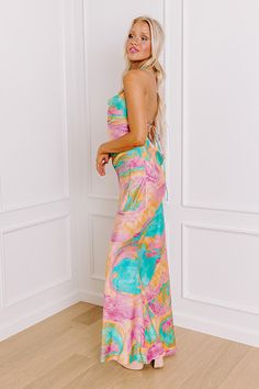 - Sip your sangria in style with this chic maxi! With a colorful marbled print and a fabulous gold colored chain accent at the back, this piece is giving luxe style vibes. Step into stunning style with this fabulous dress! - Unlined material with a satin finish and an abstract marbled print featuring pink, blue, and orange hues - A cowl neckline - This spaghetti straps that lace and tie at the back - A gold chain link accent draped across the back - Pleated accents at the side - A flattering sil Short One Piece, Orange Hues, Luxe Style, Stunning Style, Leopard Dress, Satin Maxi, Fabulous Dresses, Cowl Neckline, Satin Maxi Dress