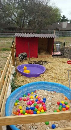 an outdoor play area with toys and sand in the yard, including a dog house