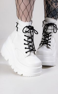 SHAKER-52 White Vegan Leather Platform Ankle Boots-Demonia-Tragic Beautiful Sepatu Platform, Demonia Boots, Goth Shoes, Demonia Shoes, Cute Shoes Heels, Fancy Shoes, Girly Shoes, Aesthetic Shoes, Swag Shoes