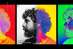 three different colored images of men with curly hair and beards, one in the foreground