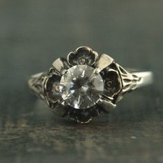 SALE Floral Engagement Ring~Antique Style Ring~Vintage Style Ring~Flower Ring~Silver Engagement Ring Engagement Ring Antique, Antique Style Rings, Quartz Engagement Ring, Black Stone Ring, Black Engagement Ring, Floral Engagement Ring, Silver Engagement Ring, Ring Flower, Palm Coast