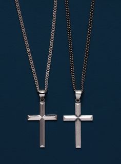 Large Sterling Silver Bevel Cross - Geometric, sleek, minimalist cross pendant for men - Oxidized or Polished Rhodium Jewelry gifts for men Cross: 31mmx19mm Medal: Oxidized Sterling Silver or Rhodium plated over 925 Sterling Silver (choose from from down menu) Chain: 2mm curb chain with lobster clasp. Length: Available in 18. 20, 22, 24 and 26 inches. Chain: Oxidized Sterling Silver or Rhodium plated over 925 Sterling Silver (choose from from down menu) Model is wearing 20 inch chain. Note that Cross Pendant For Men, Build Shoulders, Rhodium Jewelry, Pendant For Men, Rubber Bracelets, Neck Chain, Mens Pendant, Cross Pendant Necklace, Oxidized Silver