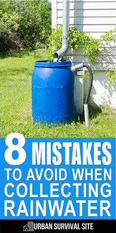 a blue barrel sitting in the grass next to a house with text overlay that reads 8