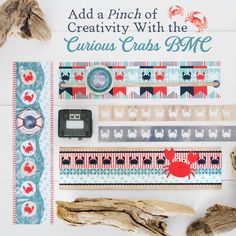 some crafting supplies are laid out on a white table with the words, add a pinch of creativity with the curious crab bmf