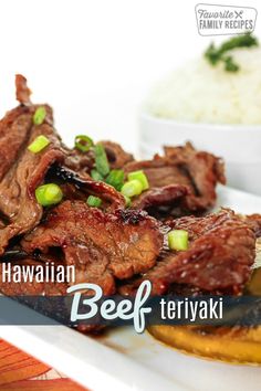 there is a plate with some meat and rice on it that says hawaiian beef teriyaki