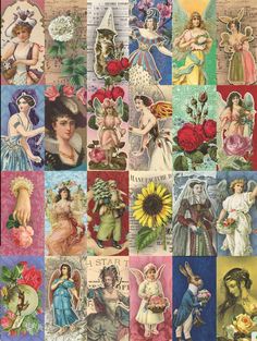 a collage of many different pictures with angels and flowers on them, all in different colors