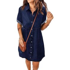 85% Cotton, 15% Polyster Imported Button Closure Color: A9 Twilight Blue Casual Denim Dress Features Button Down At The Front, Rolled Hem Short Sleeves, And A Lapel Collar; Above Knee Length Dress With Pleated Tiered Details At Back Creates A Sweet And Stylish Look. This Women's Short Sleeve Jean Dress Has An Overall Relaxed Fit, High-Waisted Tunic Dress, Slip On This Effortless Denim Dress And Enjoy Your Honey Day. Women’s Casual Summer Shirt Dress Is Made Of Breathable And Soft Material, Comfy Jeans Dresses For Women, Vestiti In Jeans, Short Sleeve Denim Dress, Button Down Denim Dress, Jean Shirt Dress, Casual Denim Dress, Shirt Dress Summer, Womens Denim Dress, Denim Short Dresses