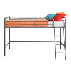 a bunk bed with an orange and white pillow on top of it, against a white background