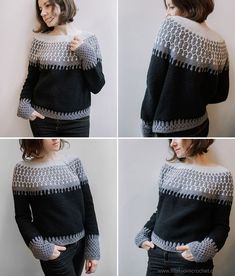 four photos of a woman wearing a black and white sweater