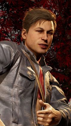 a close up of a person wearing a leather jacket and tie with trees in the background