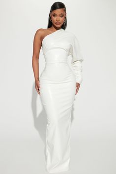 Available In Off White. Maxi Dress Long Sleeve One Shoulder Side Zipper Non Stretch 100% Polyester Imported California Proposition 65 WARNING: Cancer and Reproductive Harm - www.P65Warnings.ca.gov. | Show Stopper Maxi Gown Dress in Off White size 2X by Fashion Nova White Dresses For Wedding Guest, Long Sleeve Sweetheart Dress, White Dress Accessories Jewelry, Dress Outfits For Birthday, All White Event Outfit, All White Outfits For Black Women, White Gown Styles, One Shoulder Dress Jewelry, Long Gown With Sleeves