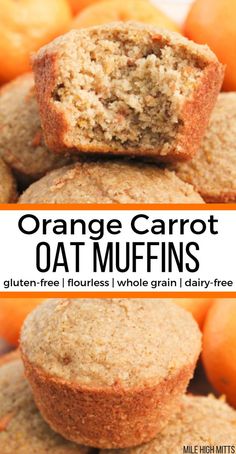 orange carrot oat muffins stacked on top of each other with text overlay