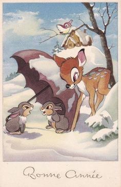 an old fashioned christmas card with animals in the snow