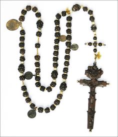 18th century rosary from Alpine region of Germany. Wood, bone and silver. Dark Beauty Magazine, Catholic Prayers, Skull Ring, Antique Earrings, Prayer Beads, Rosary, Cross Pendant