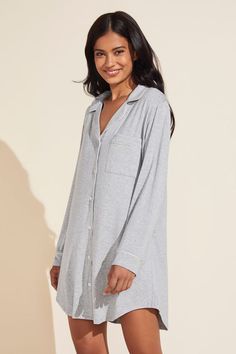 Gisele TENCEL™ Modal Sleepshirt - Heather Grey/Sorbet Pink - Eberjey Comfortable Long Sleeve Sleepwear For Relaxation, Comfortable Relaxed Fit Tops For Home, Relaxed Fit Long Sleeve Sleepwear For Home, Long Sleeve Relaxed Fit Sleepwear, Relaxed Fit Long Sleeve Sleepwear, Cotton Relaxed Fit Nightgown For Relaxation, Relaxed Fit Cotton Nightgown For Relaxation, Cozy Sleepwear With Relaxed Fit, Comfortable Oversized Loungewear Sleepwear