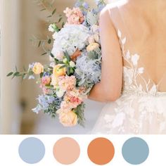 a woman holding a bouquet of flowers in her hand and color swatches on the other side