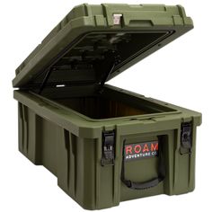 the large, green storage box is open to show its contents and features an additional compartment for