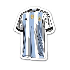 a blue and white soccer jersey sticker on a white background with the word argentina in gold