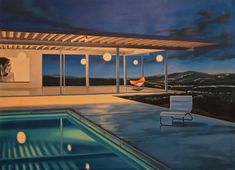 a painting of a person sitting in a chair by a pool at night with the lights on