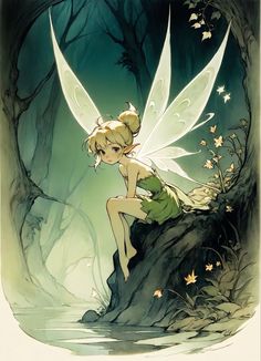 a fairy sitting on top of a rock next to a forest filled with leaves and butterflies