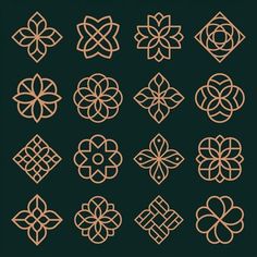 a set of nine ornamental design elements in gold on a dark green background stock photo